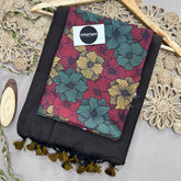 Brown Handloom Khadi Cotton Saree With Multi Flower Print Blouse